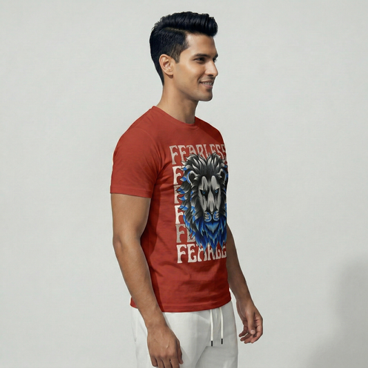 Man wearing Pearl brick red digital printed lion t-shirt - side view