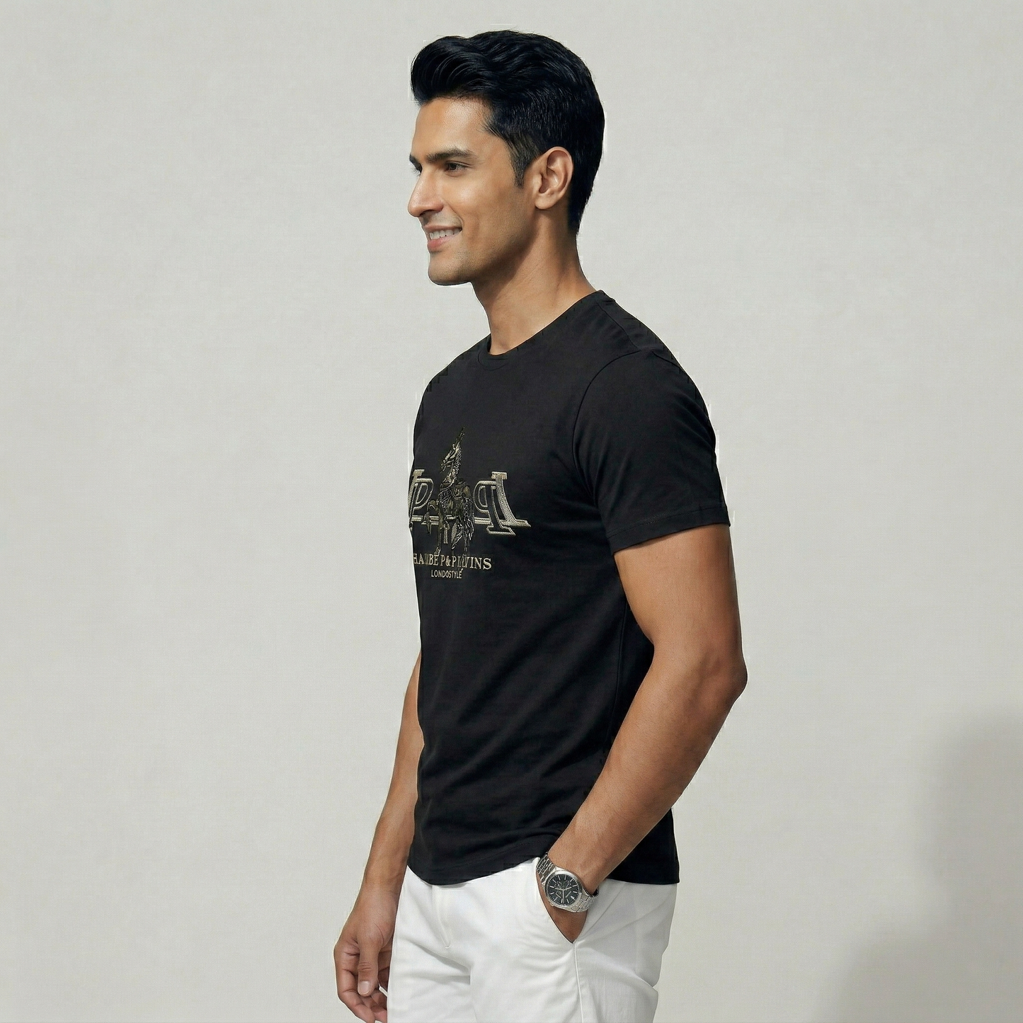 Side view of tailored black premium cotton t-shirt for men - Pearl