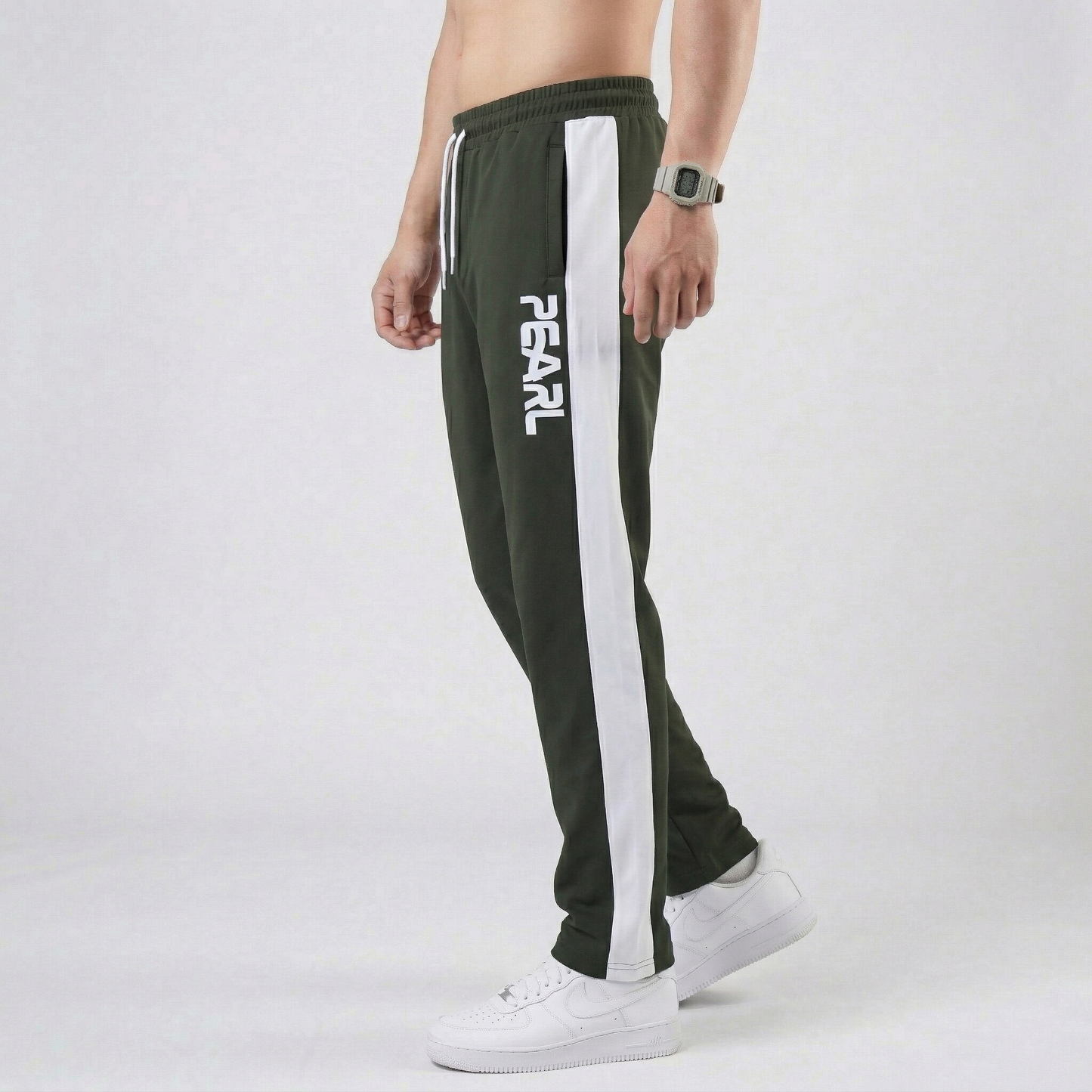 Close-up of Pearl white vertical branding on black athletic pants