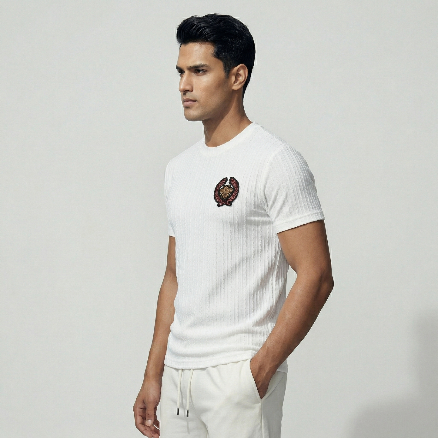 Tailored fit men's smart-casual woven shirt in cream color