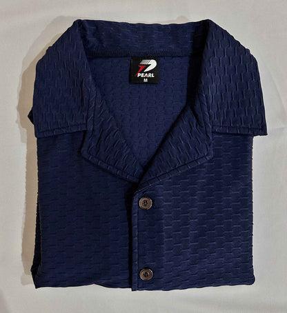 Waffle Knit Camp Collar - Navy Blue Button Down