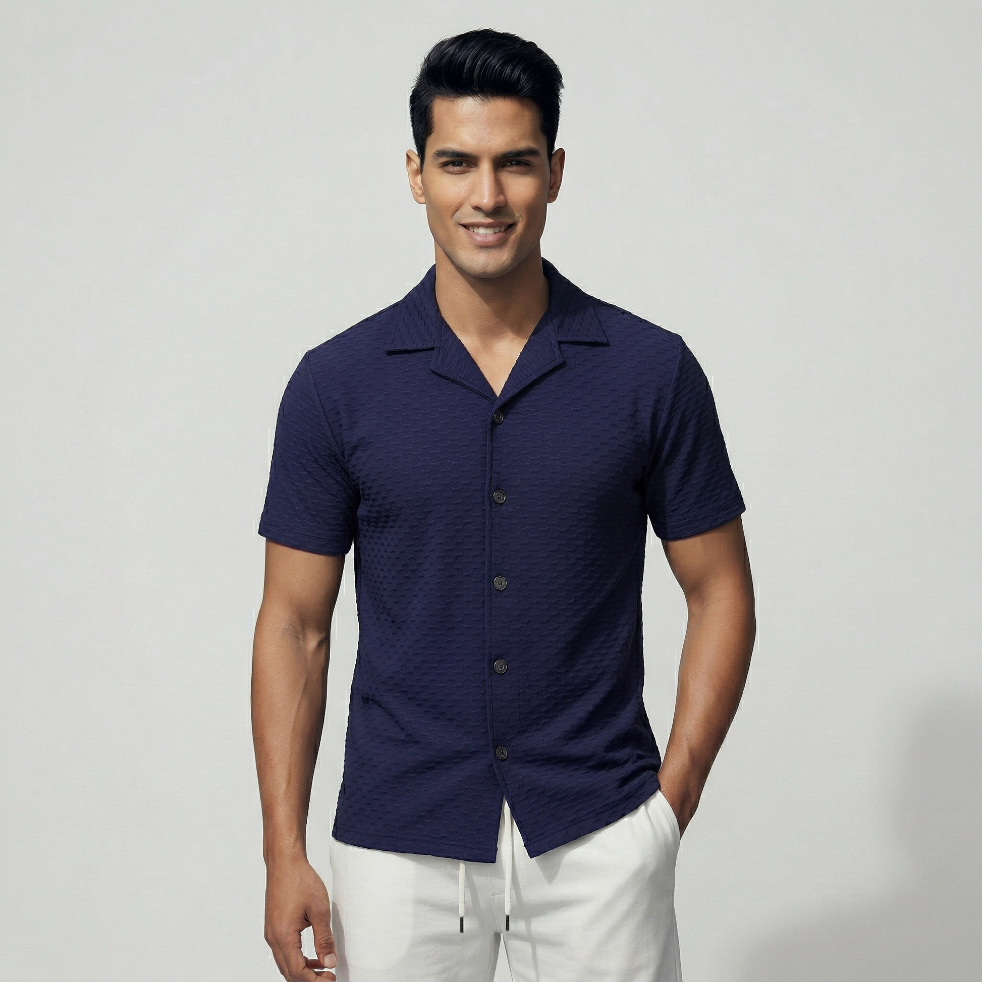 Men's navy blue textured button-down shirt for office wear - Pearl Clothing
