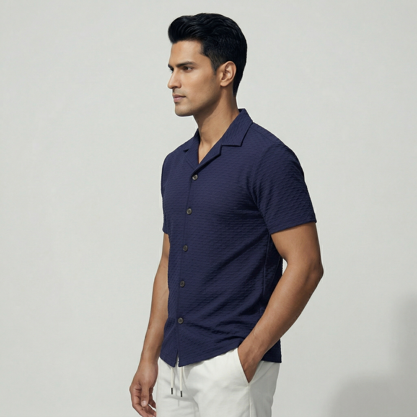 Tailored fit navy blue textured shirt with button-down collar