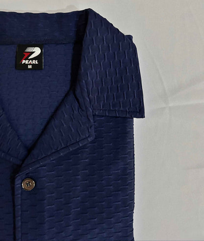 Waffle Knit Camp Collar - Navy Blue Button Down