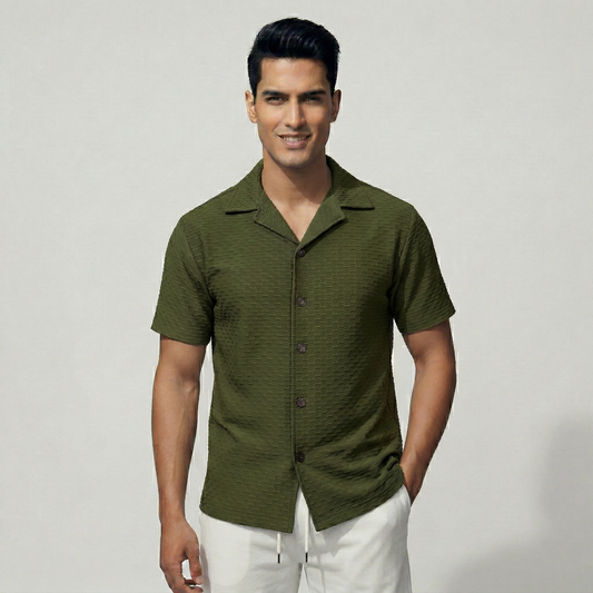 Men's olive green textured button-down casual shirt - Pearl Clothing