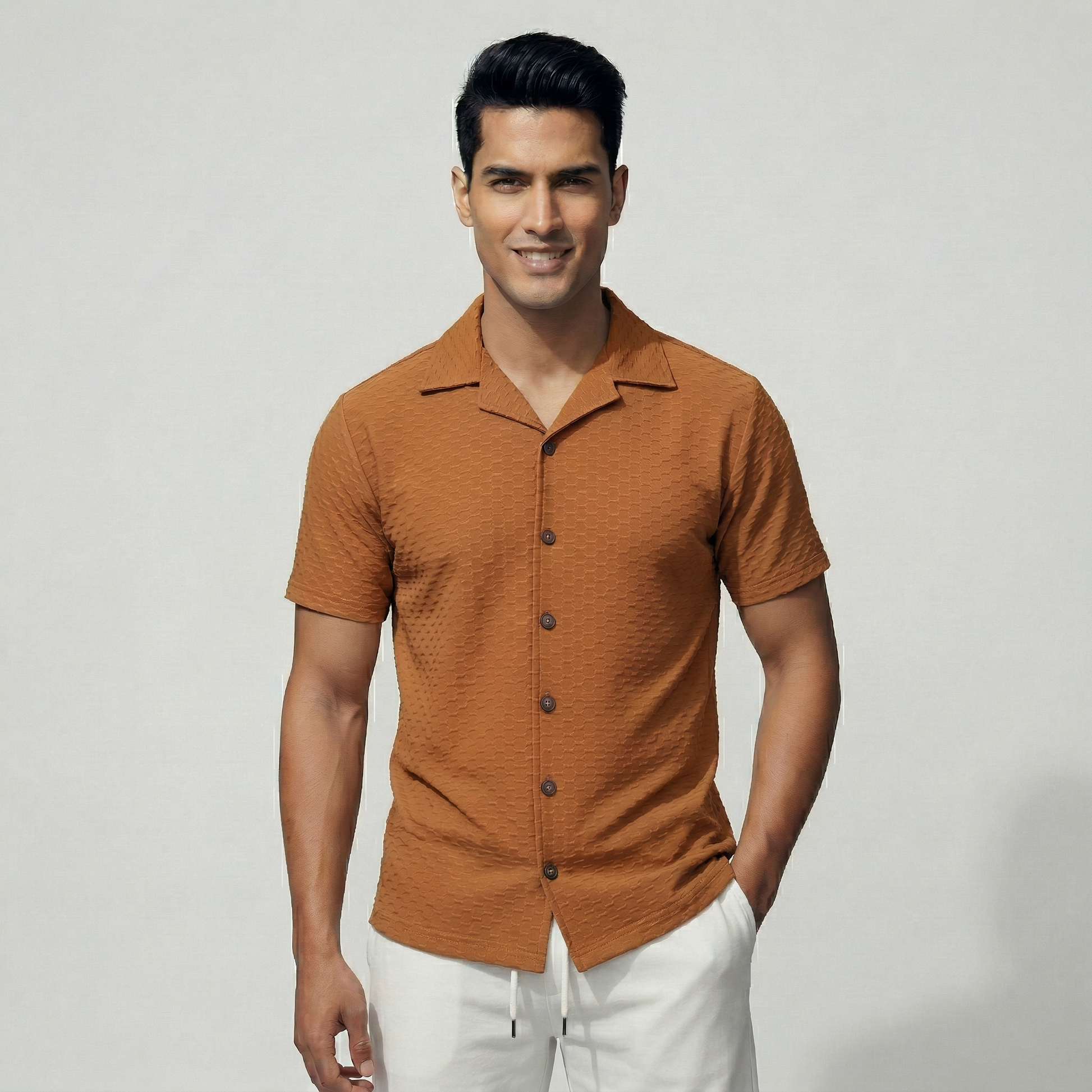 Men's orange textured button-down casual shirt - Pearl Clothing Pakistan