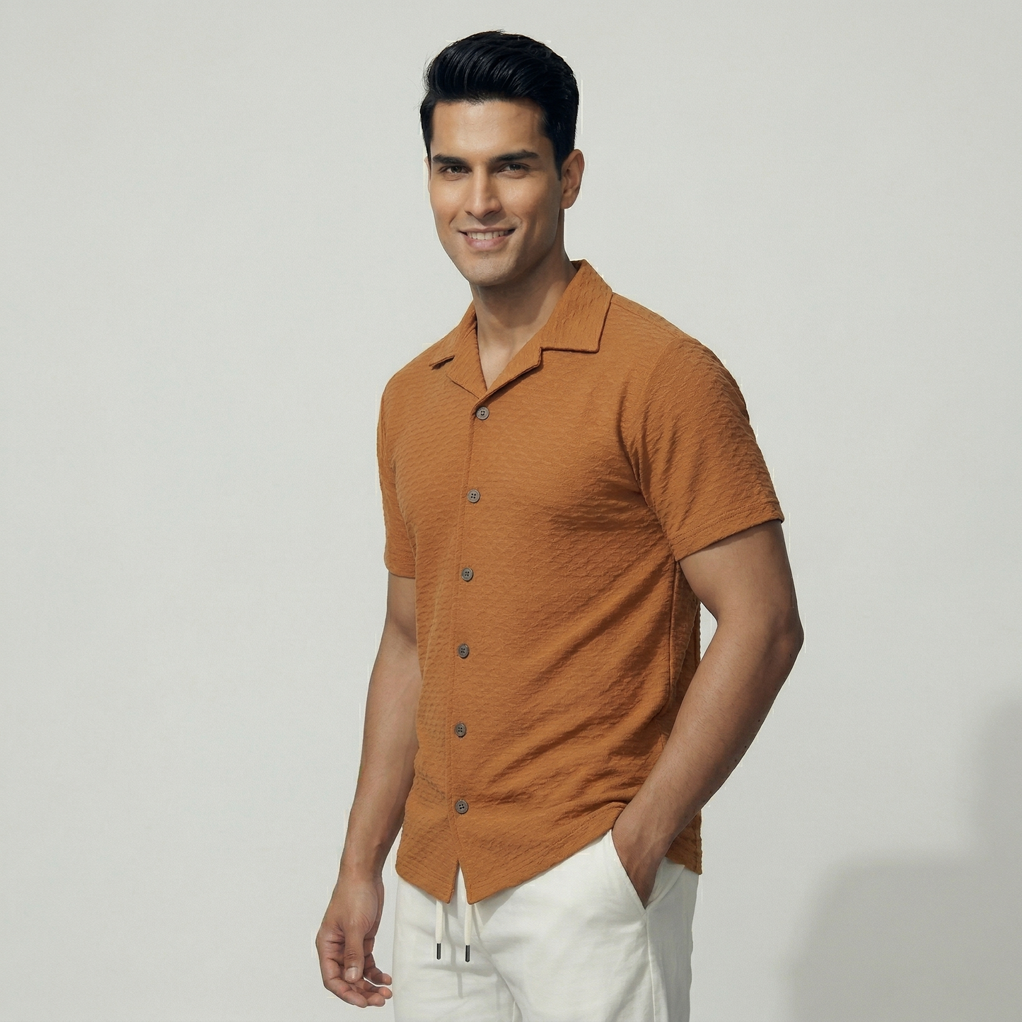 Slim-fit orange textured shirt for smart-casual wear