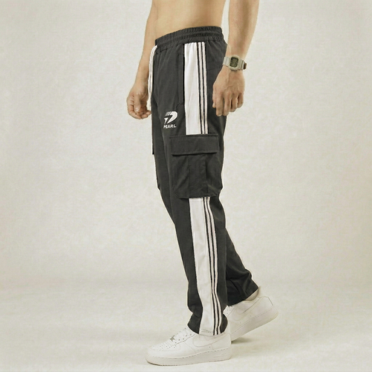 Detail view of single-side utility pocket on charcoal grey cargo joggers - Pearl