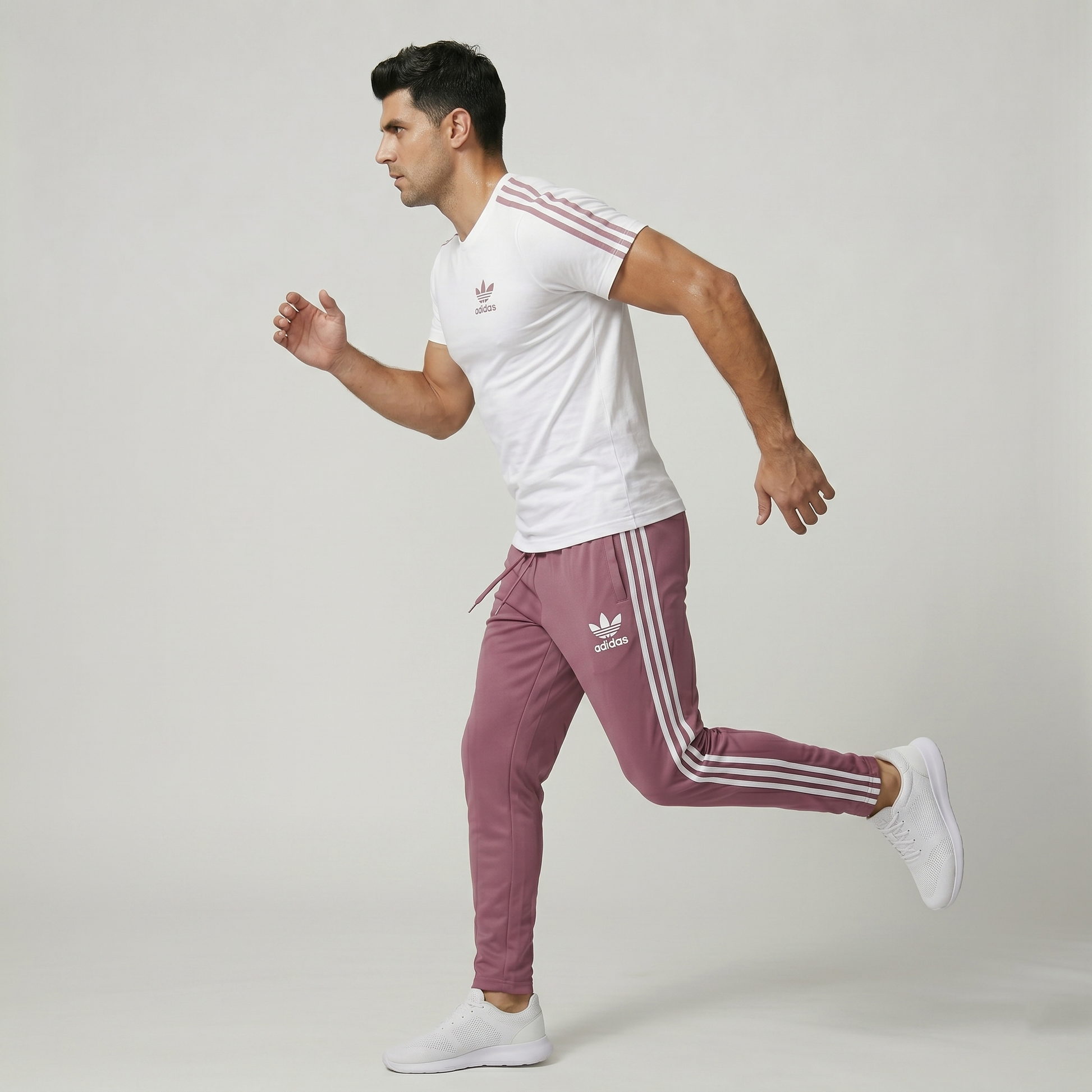 Tapered coral pink gym trousers with white performance t-shirt