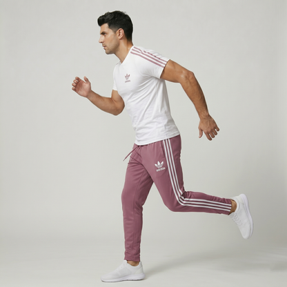 Tapered coral pink gym trousers with white performance t-shirt