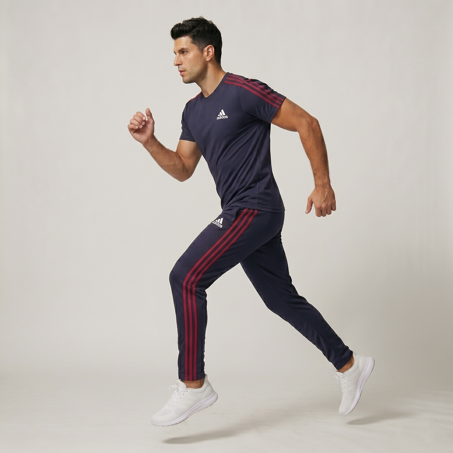 Tapered navy performance gym trousers with matching workout t-shirt
