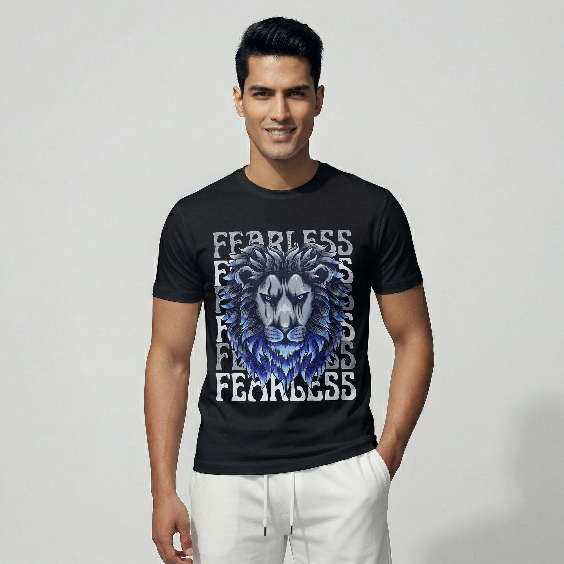 Men's jet black digital printed lion t-shirt street wear - Pearl Clothing Pakistan