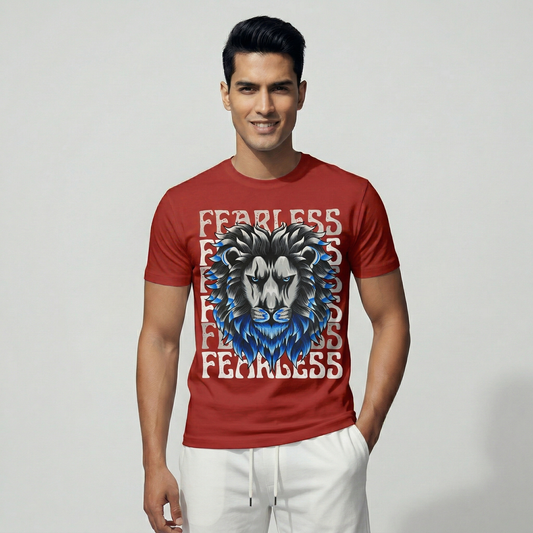 Man wearing Pearl brick red digital printed lion t-shirt - front view