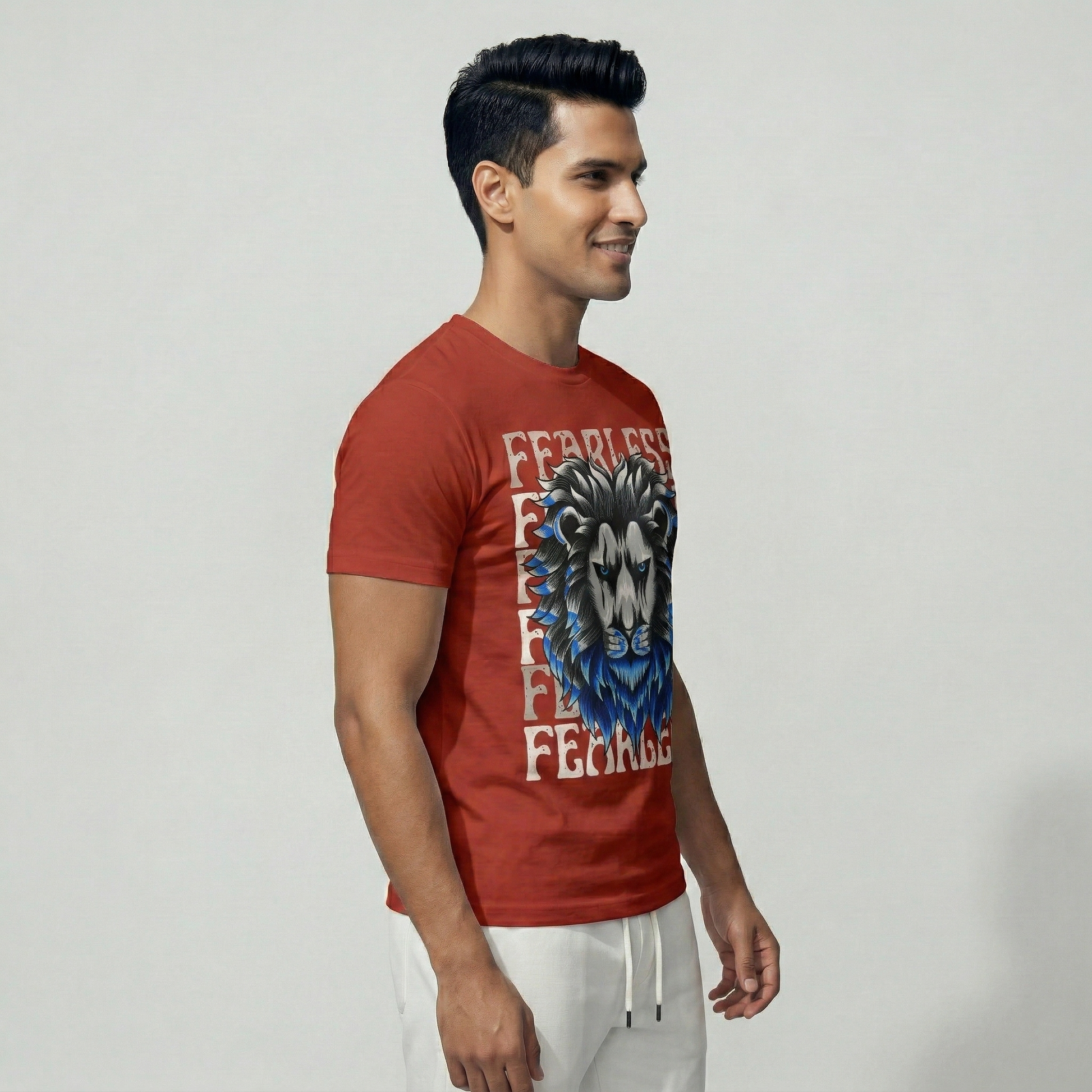 Man wearing Pearl brick red digital printed lion t-shirt - side view