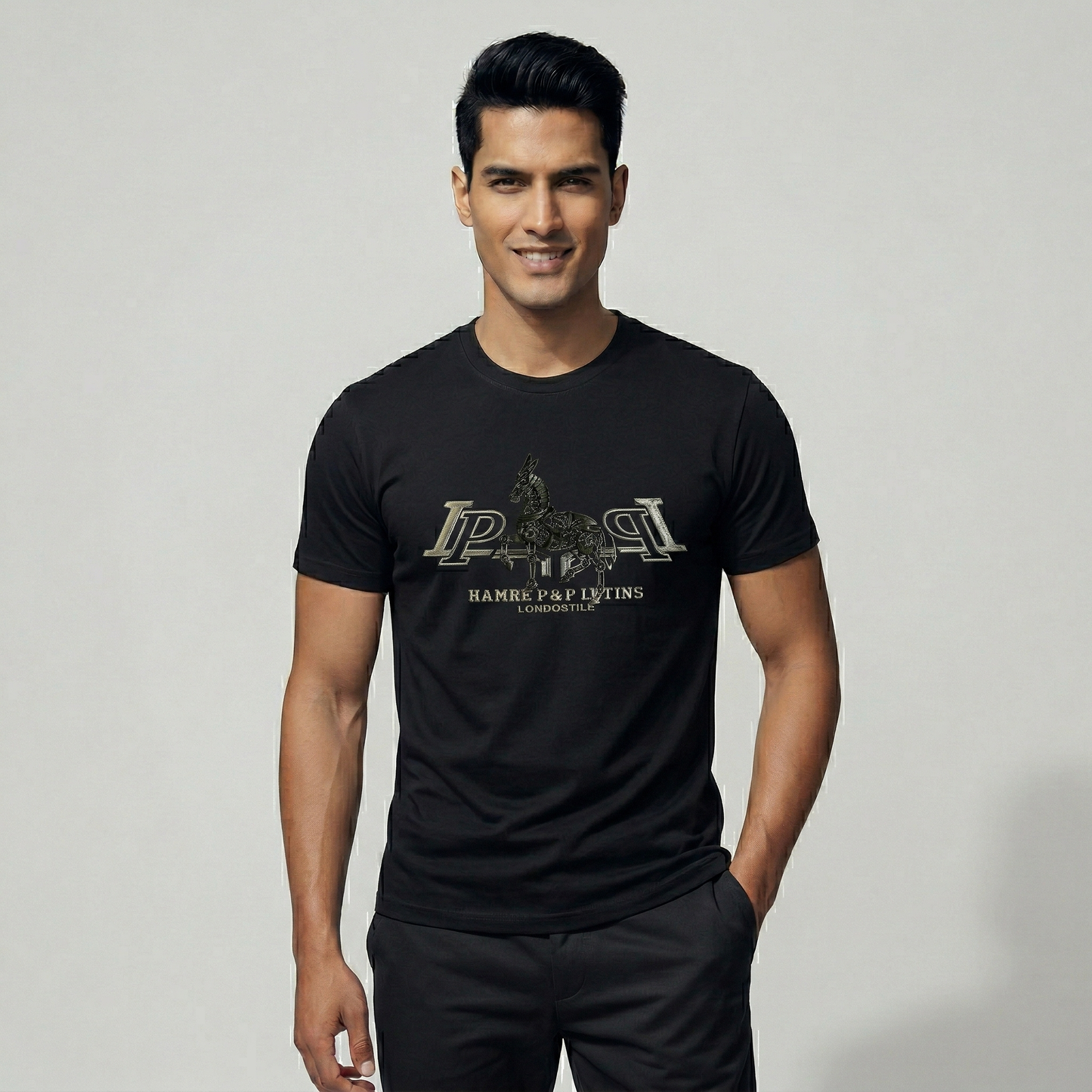 Men's jet black t-shirt with silver embossed print - Pearl