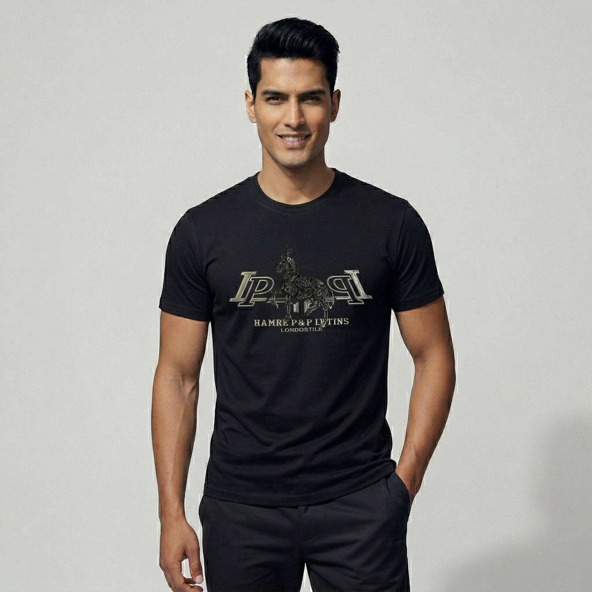 Men's jet black t-shirt with silver embossed print - Pearl
