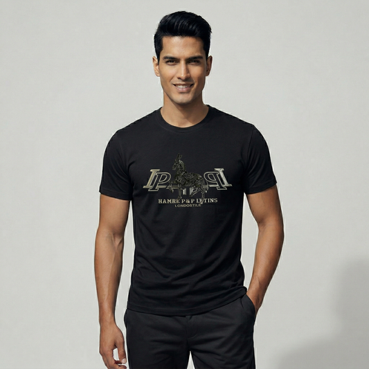 Men's jet black t-shirt with silver embossed print - Pearl