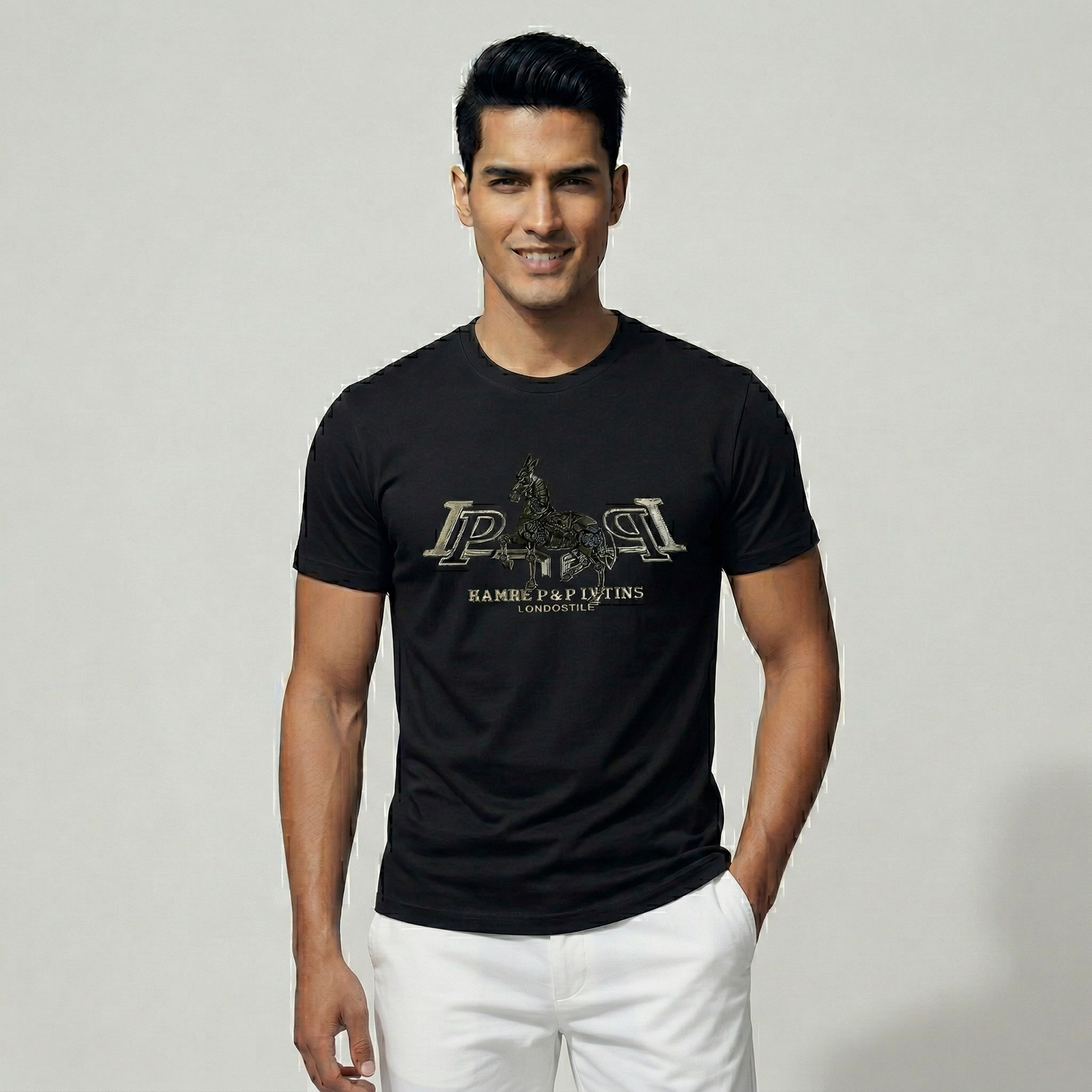 Men's jet black t-shirt with silver embossed herme print - Pearl Clothing