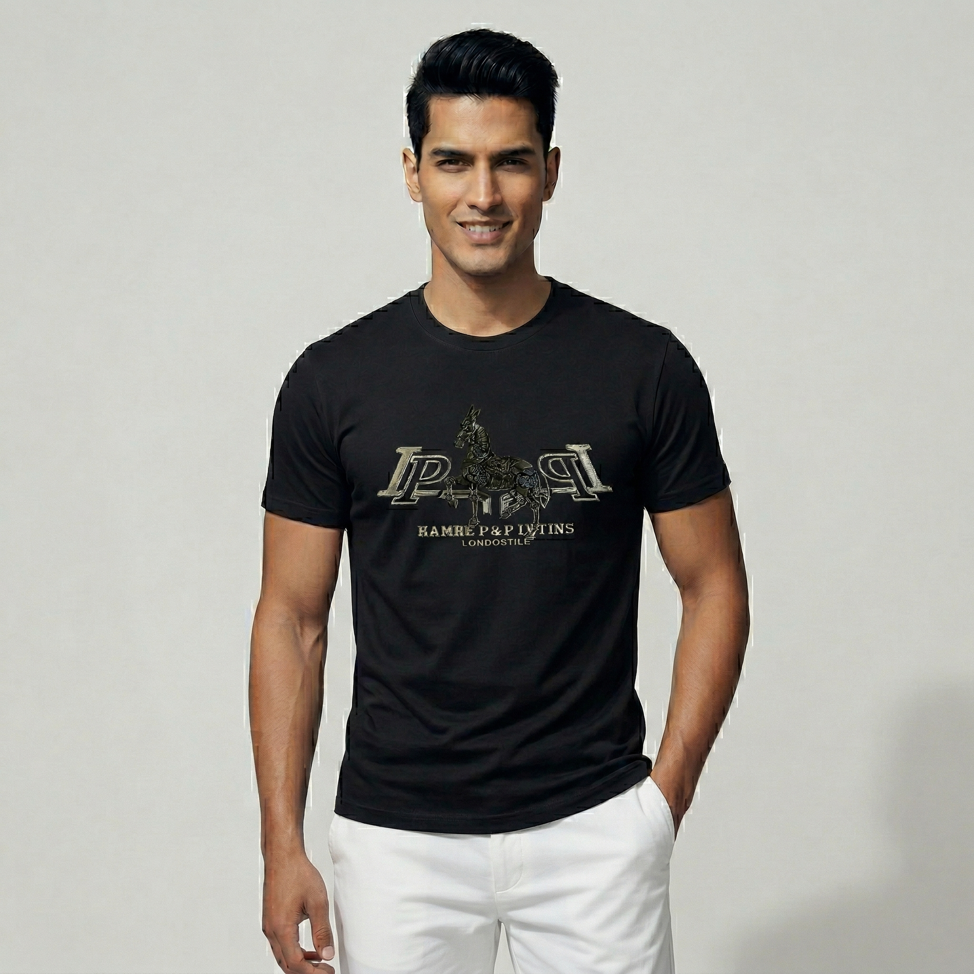 Men's jet black t-shirt with silver embossed herme print - Pearl Clothing