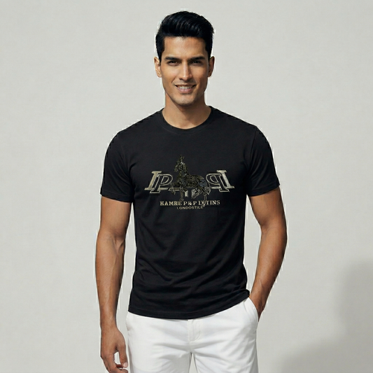 Men's jet black t-shirt with silver embossed herme print - Pearl Clothing