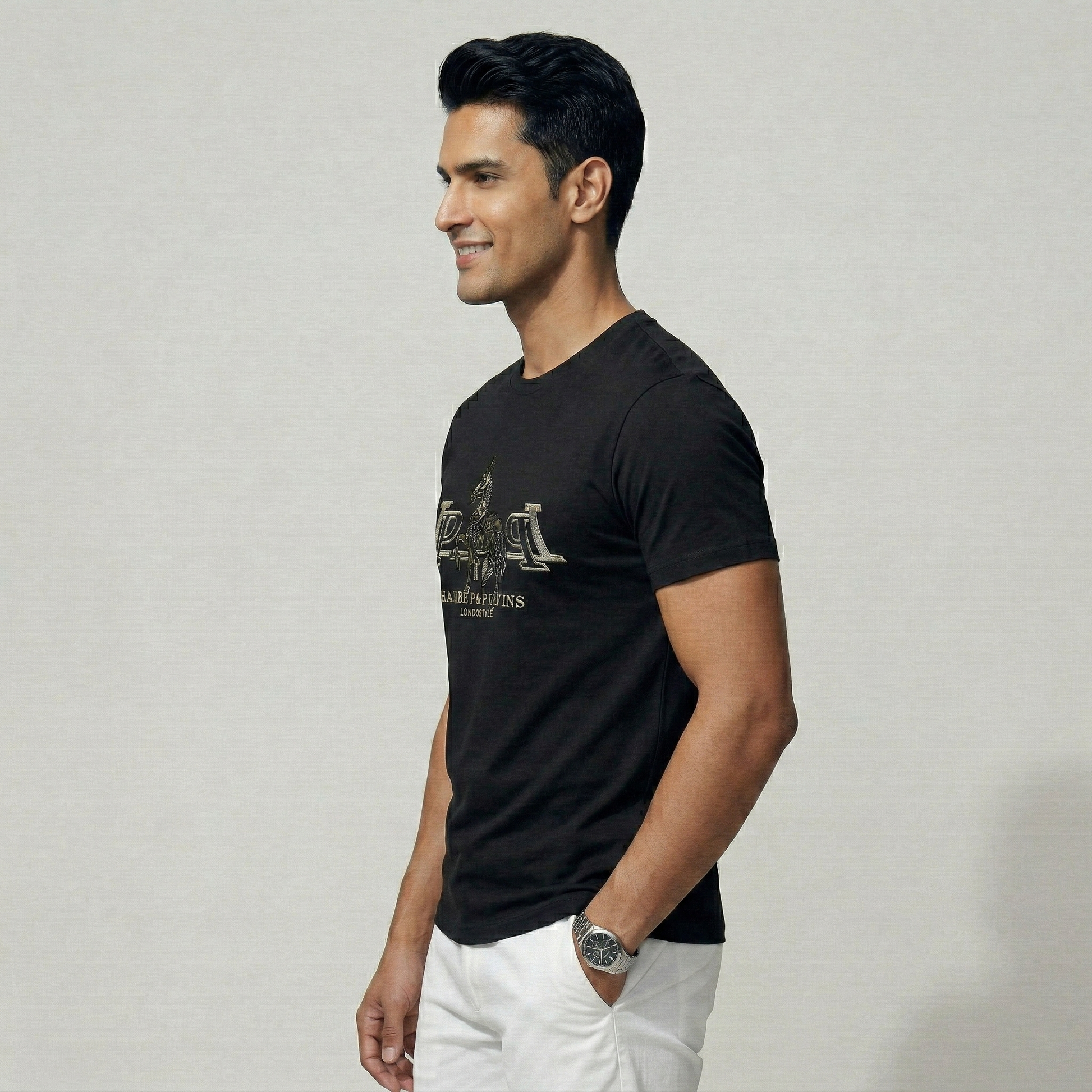 Side view of tailored black premium cotton t-shirt for men - Pearl