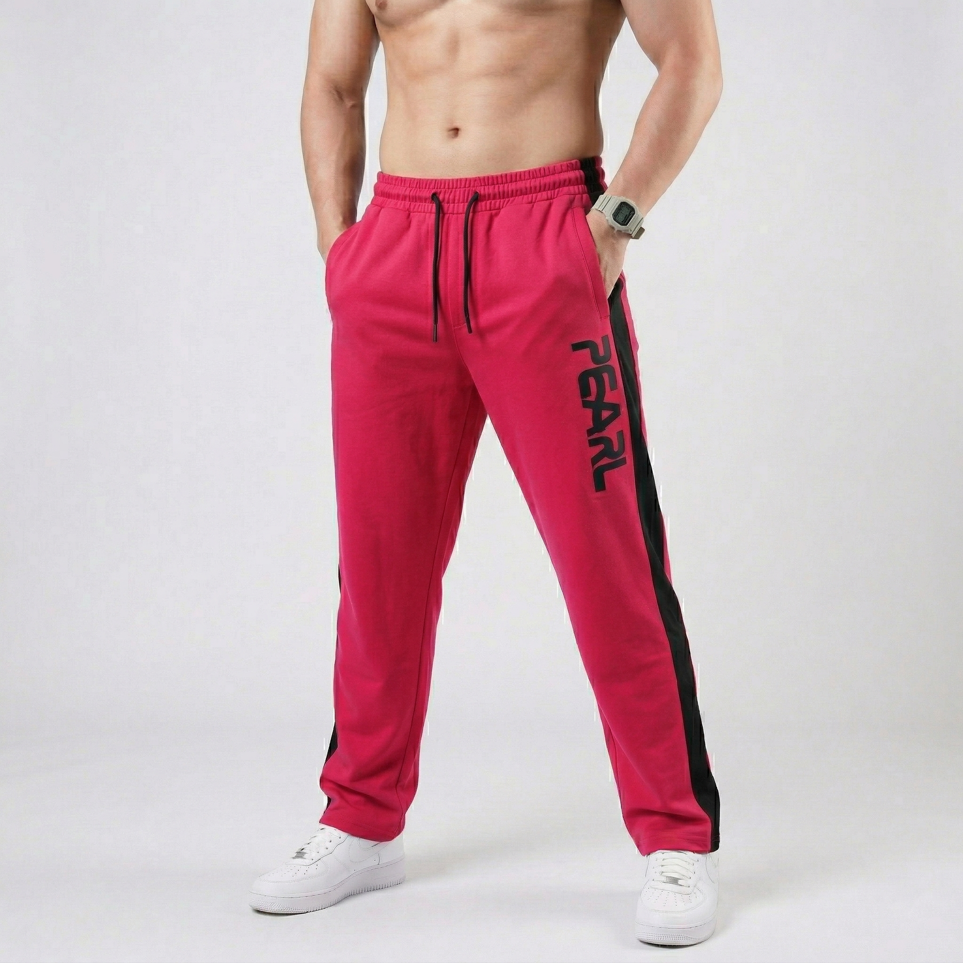 Men's cherry red side-stripe performance trousers - Pearl Clothing Pakistan