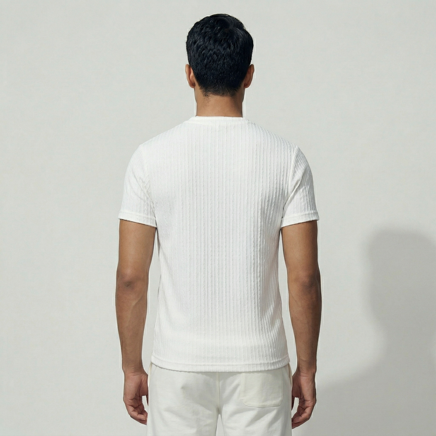 Men's off-white woven textured t-shirt back view - Pearl Clothing