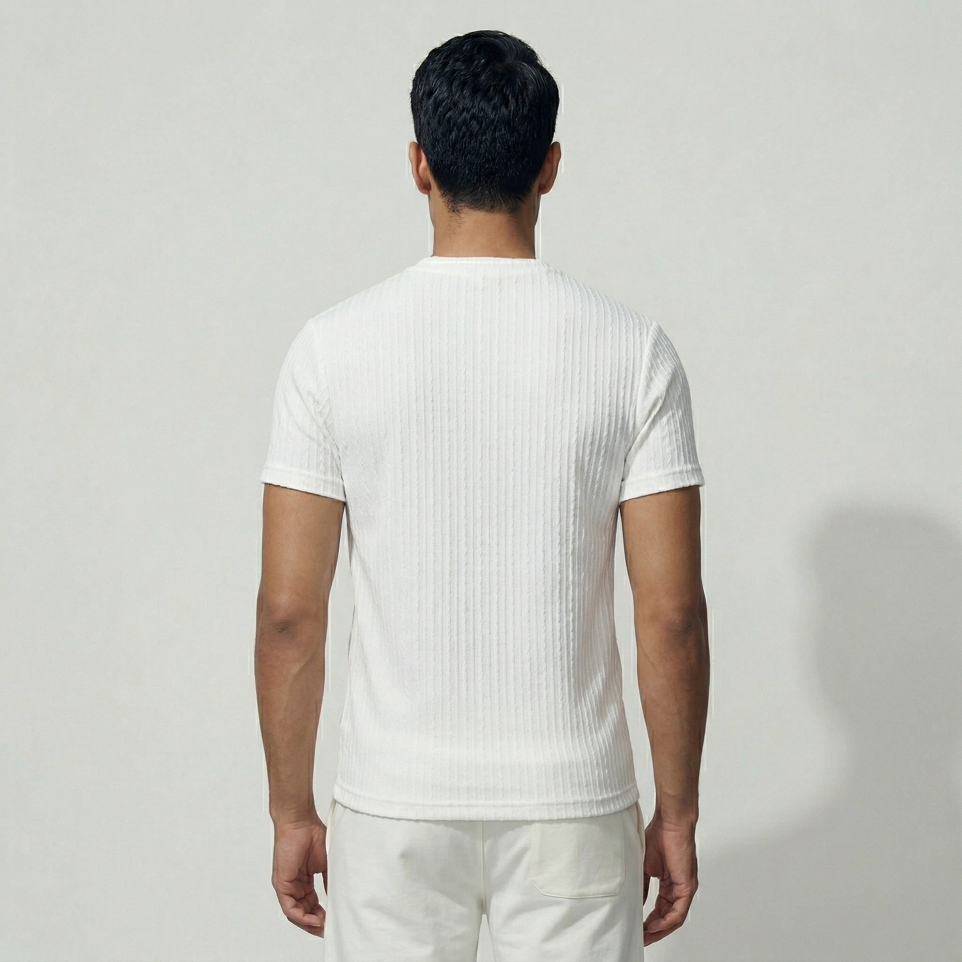 Men's off-white woven textured t-shirt back view - Pearl Clothing