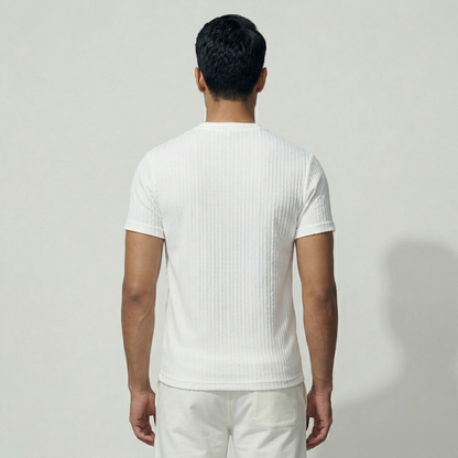 Men's off-white woven textured t-shirt back view - Pearl Clothing