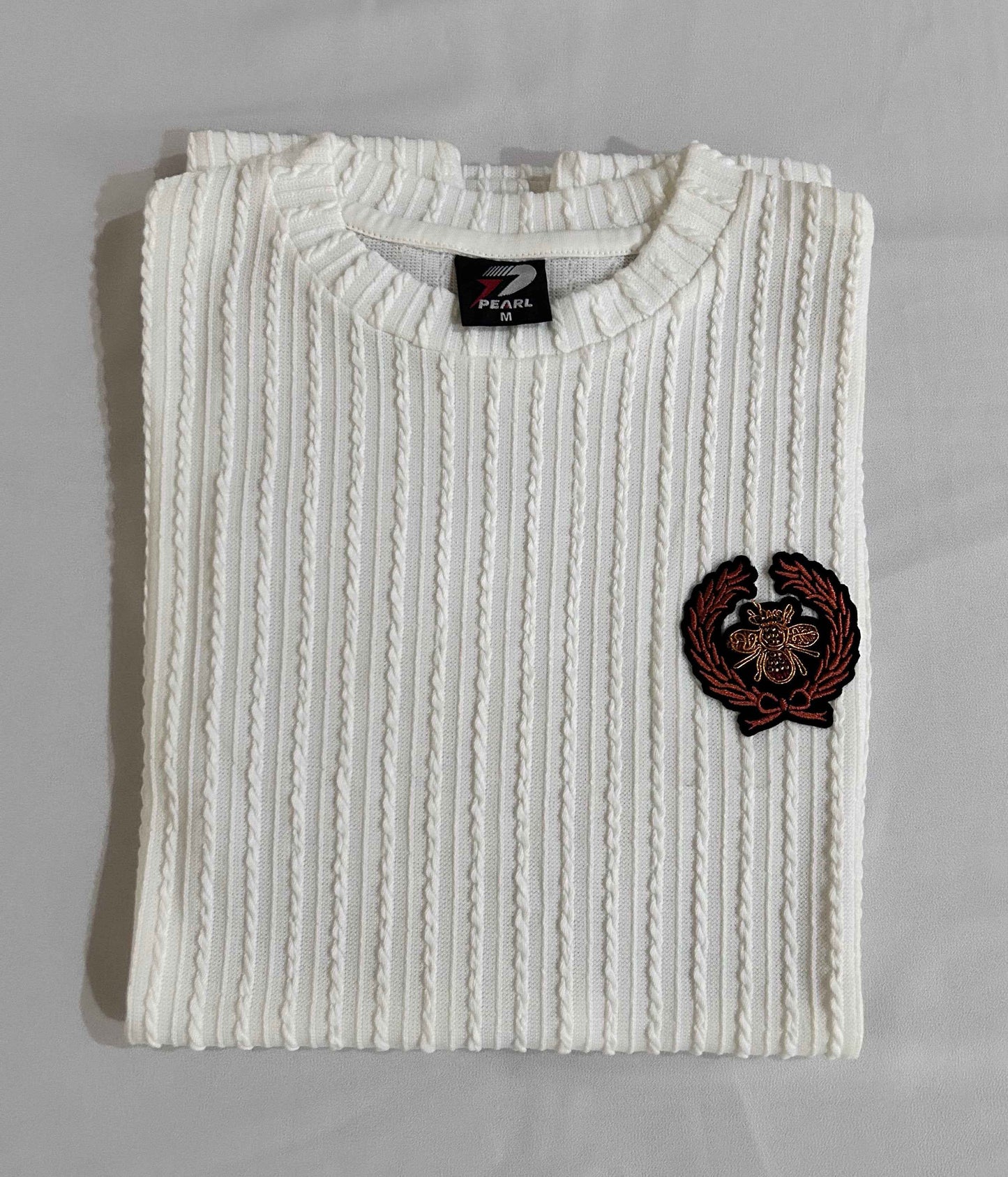 Premium Old Money Textured T-Shirt in Off White with Honey Bee Badge