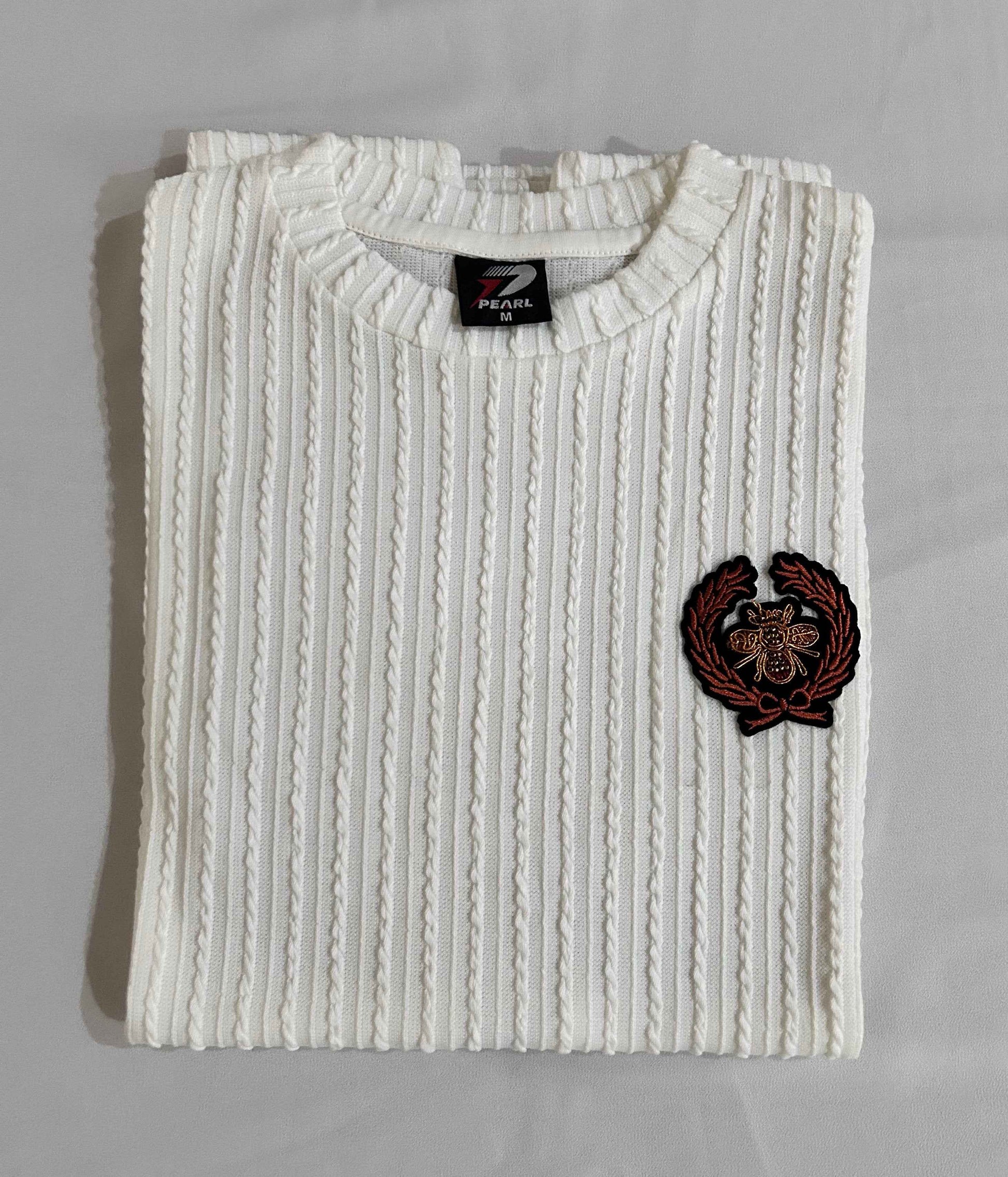Premium Old Money Textured T-Shirt in Off White with Honey Bee Badge