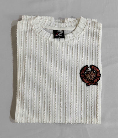 Premium Old Money Textured T-Shirt in Off White with Honey Bee Badge