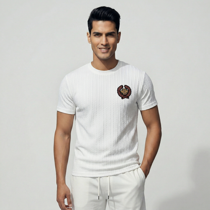 Men's off-white woven textured t-shirt with chest badge - Pearl Clothing