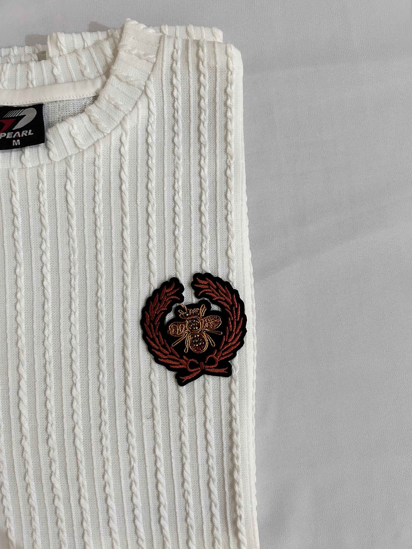 Premium Old Money Textured T-Shirt in Off White with Honey Bee Badge