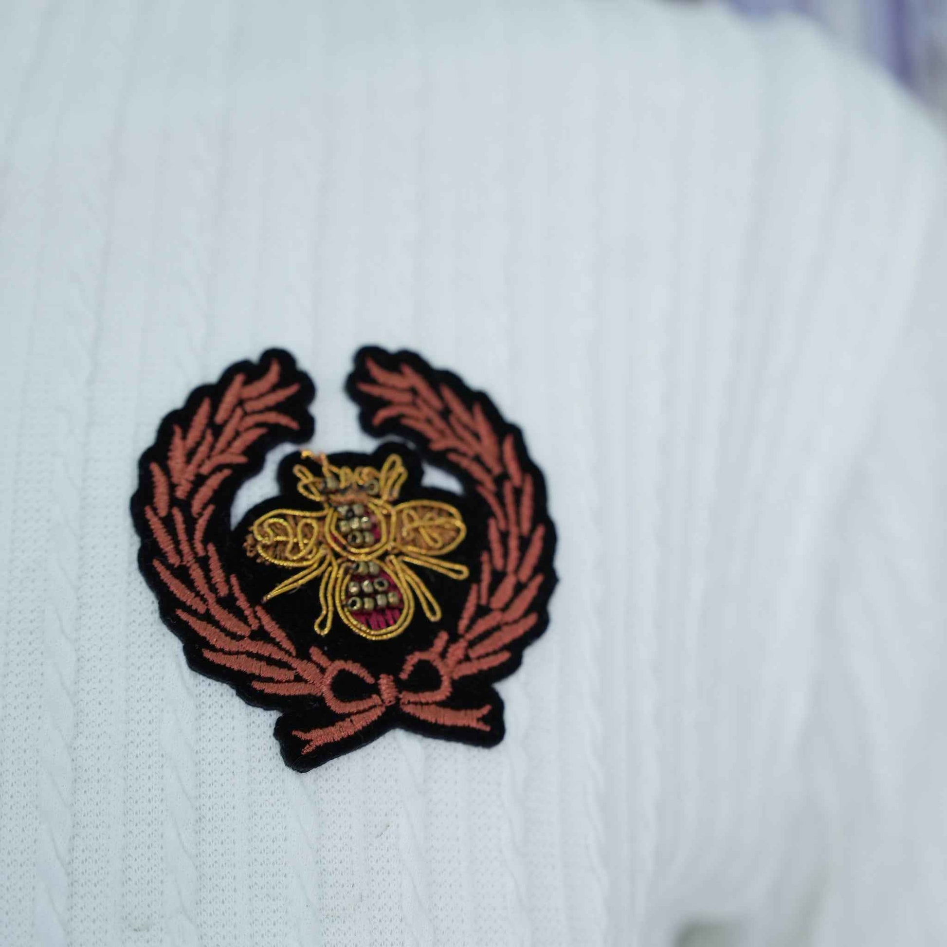 Premium Old Money Textured T-Shirt in Off White with Honey Bee Badge