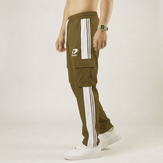 Yellowish brown gym joggers with single side utility pocket